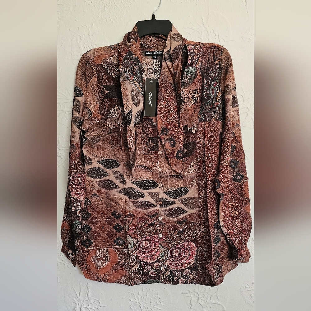 Tolani Collection Brown Floral Printed Woven Long-Sleeve Top w/ Neck Tie XS